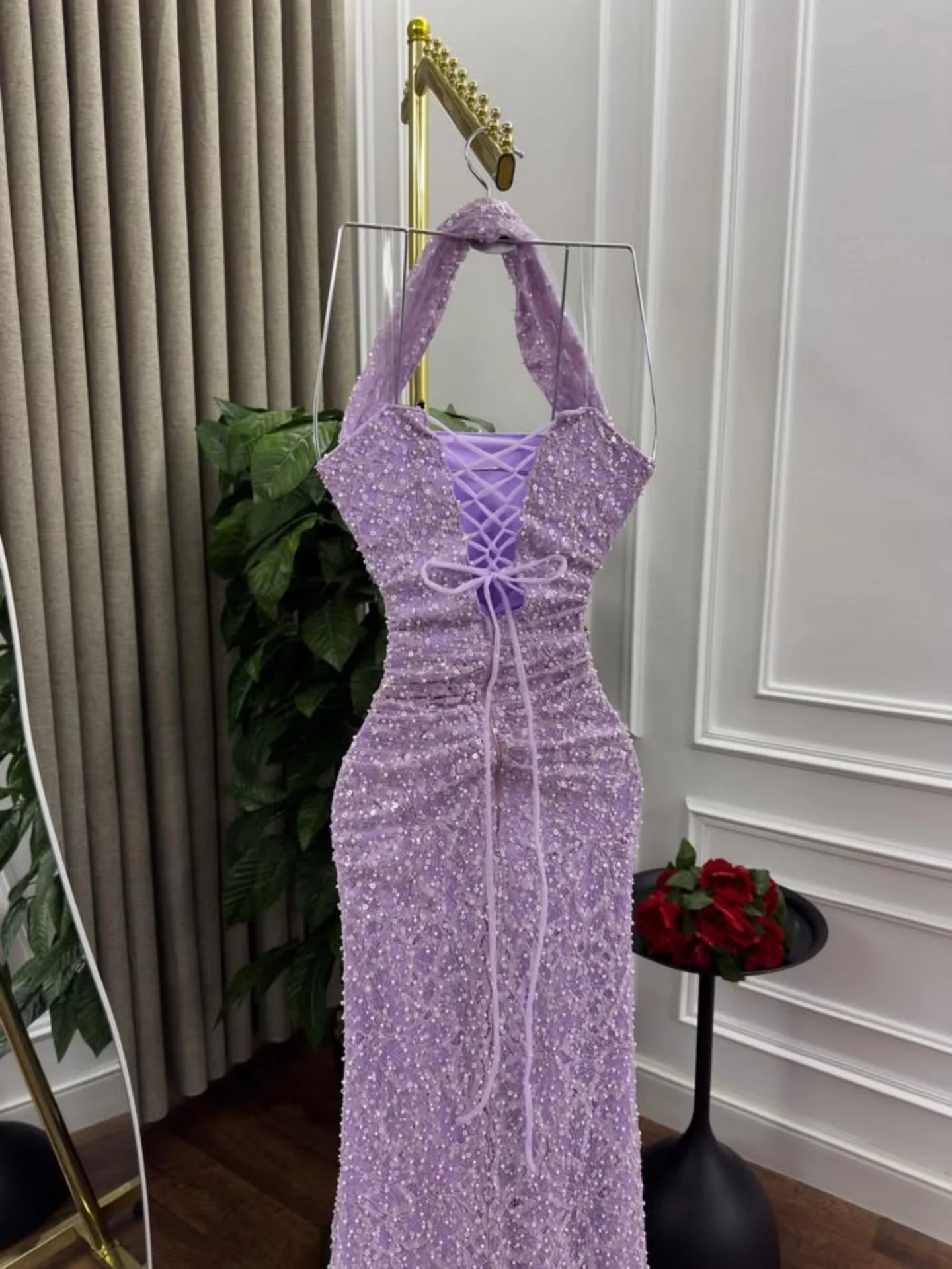 MisShow élégant licou sirène robe de soirée dentelle perles plissé taille pansement dos robes de bal gaine Train vestidos de fiesta