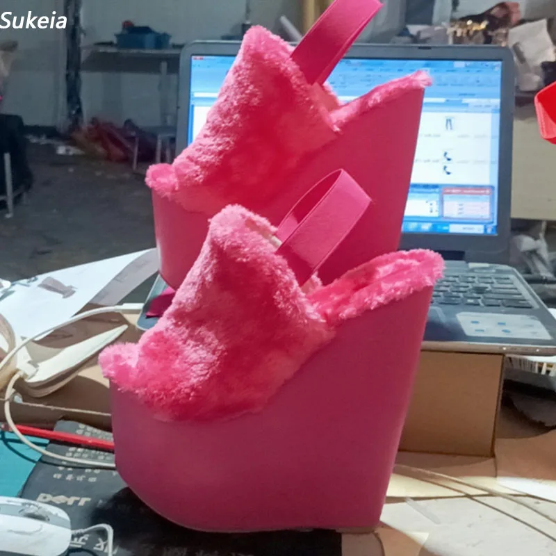 Sukeia, sandalias con plataforma para mujer, tacones de cuña de piel sintética, punta redonda, hermosos zapatos de fiesta fucsia, zapatos de fiesta para mujer, talla grande estadounidense 5-15