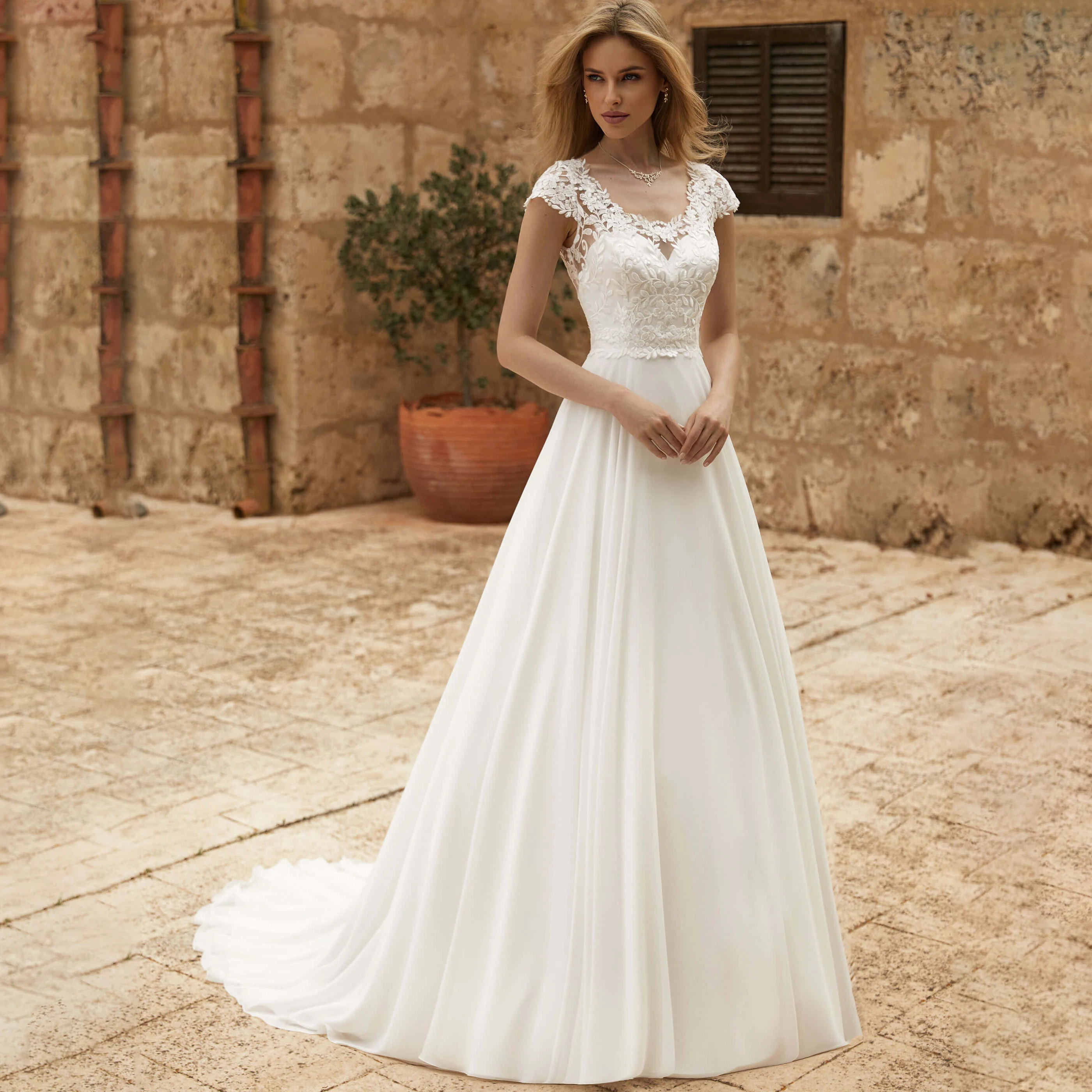 Ärmelloses Brautkleid aus Chiffon mit floraler Spitze, V-Ausschnitt, transparentem Rücken, A-Linie, langer Schleppe, für Outdoor- und Standesamt-Hochzeiten, maßgeschneiderte Größen