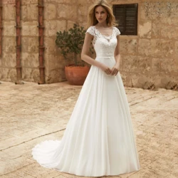 Vestido De novia elegante De corte en A para mujer, Vestido De novia De gasa con ilusión De encaje en la espalda, manga corta, cuello redondo, tren, personalizado