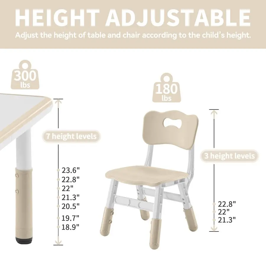 Table and Chairs Set for 4, 47.2L x 23.6W Kids Study Table and Chair Set, HeightAdjustable, Graffiti Desktop, Children Activity