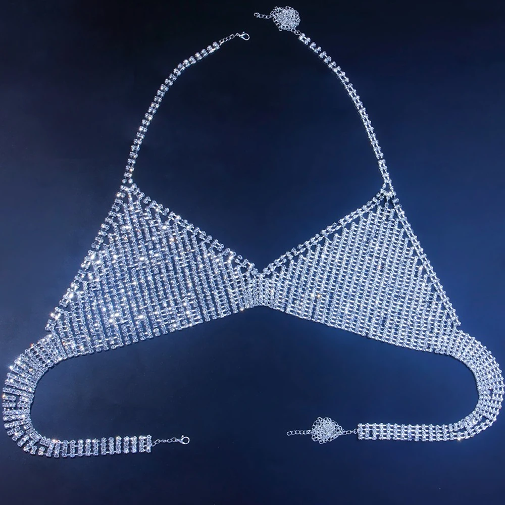 Sexy Full Rhinestone Triangle Bra Chain Nightclub Body Clothing Temperament Tops Lady Rave Chest Jewelry Lingerie Accessories