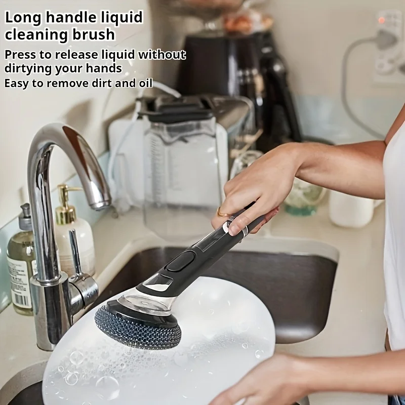 Press To Dispense Cleaner Brush Kitchen Pan Brush with Soap Dispenser Long Handle Hang Dish Brush Replaceable Heads Clean Tools