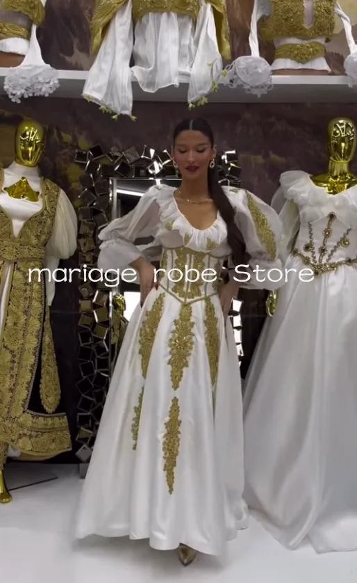 White Gold Albanian Caftan Bride Wedding Dresses with Sleeve traditional Lace Applique Celebrity bridal gown outfit customized