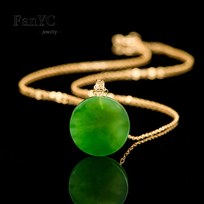 Colar Jaspe Jade Natural para Senhoras, Amuleto Verde Espinafre, Placa Redonda, Presente Requintado, Pingente de Moda, Ouro 18K