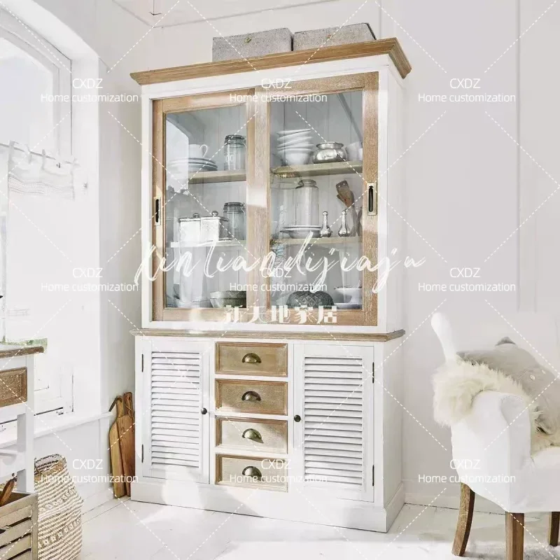 Antique Solid Wood Dining Side Cabinet with Louver Door Wine Storage Sliding Door Display Cupboard for Living Room Home Decor