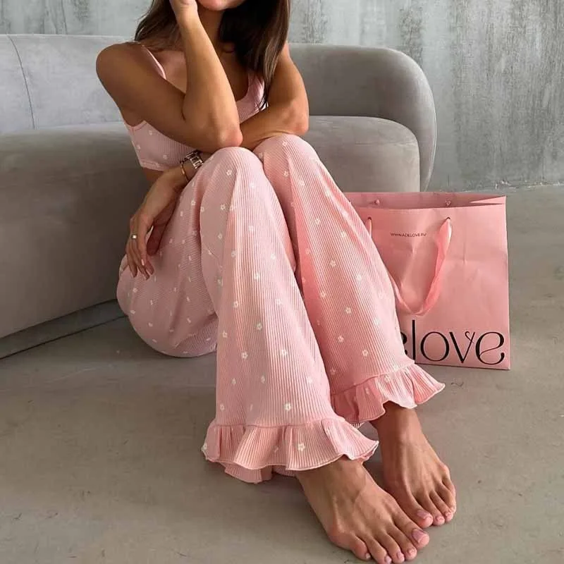 2026 Summer Women's Loungewear Set European American Style Printed Knitted Short Top Ruffle Edges Trousers Two Pieces XXL Size