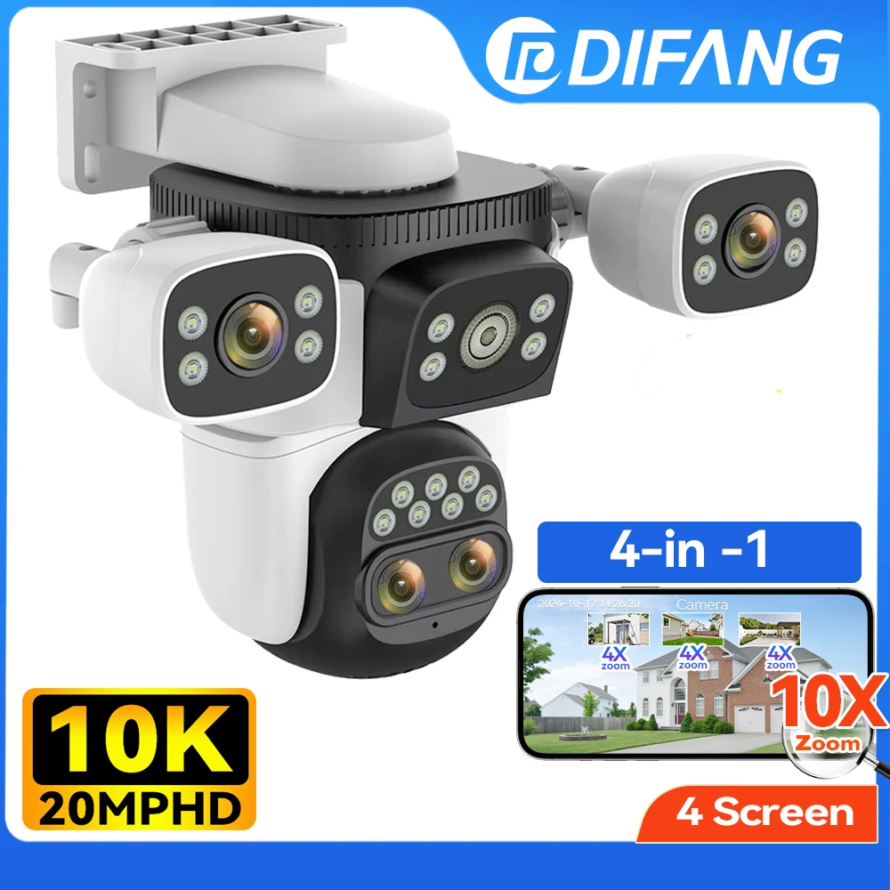 10K WiFi6 CCTV Camera Four Lens Four Screen 360° Home Surveillance Camera PTZ 10X Zoom Smart Video IP Security Camera 20MP