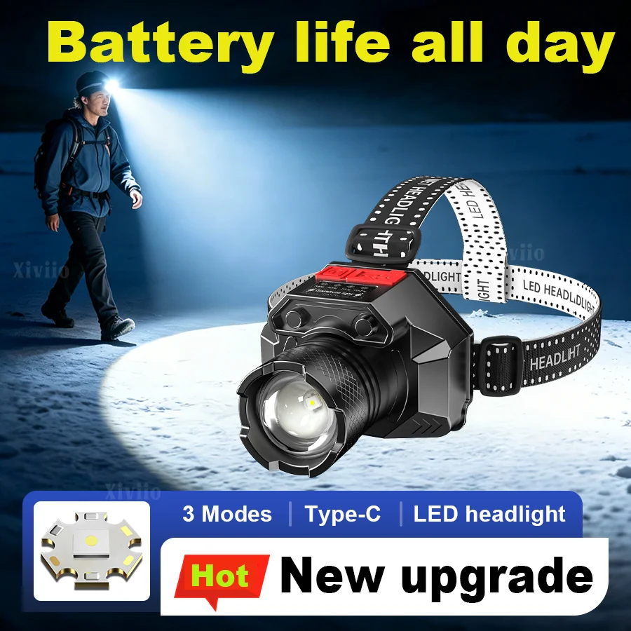 Xiviio LED Headlamp USB Rechargeable Headlight 3 Modes Front Head Flashlights Zoom Head Torch Outdoor Fishing Camping Lantern