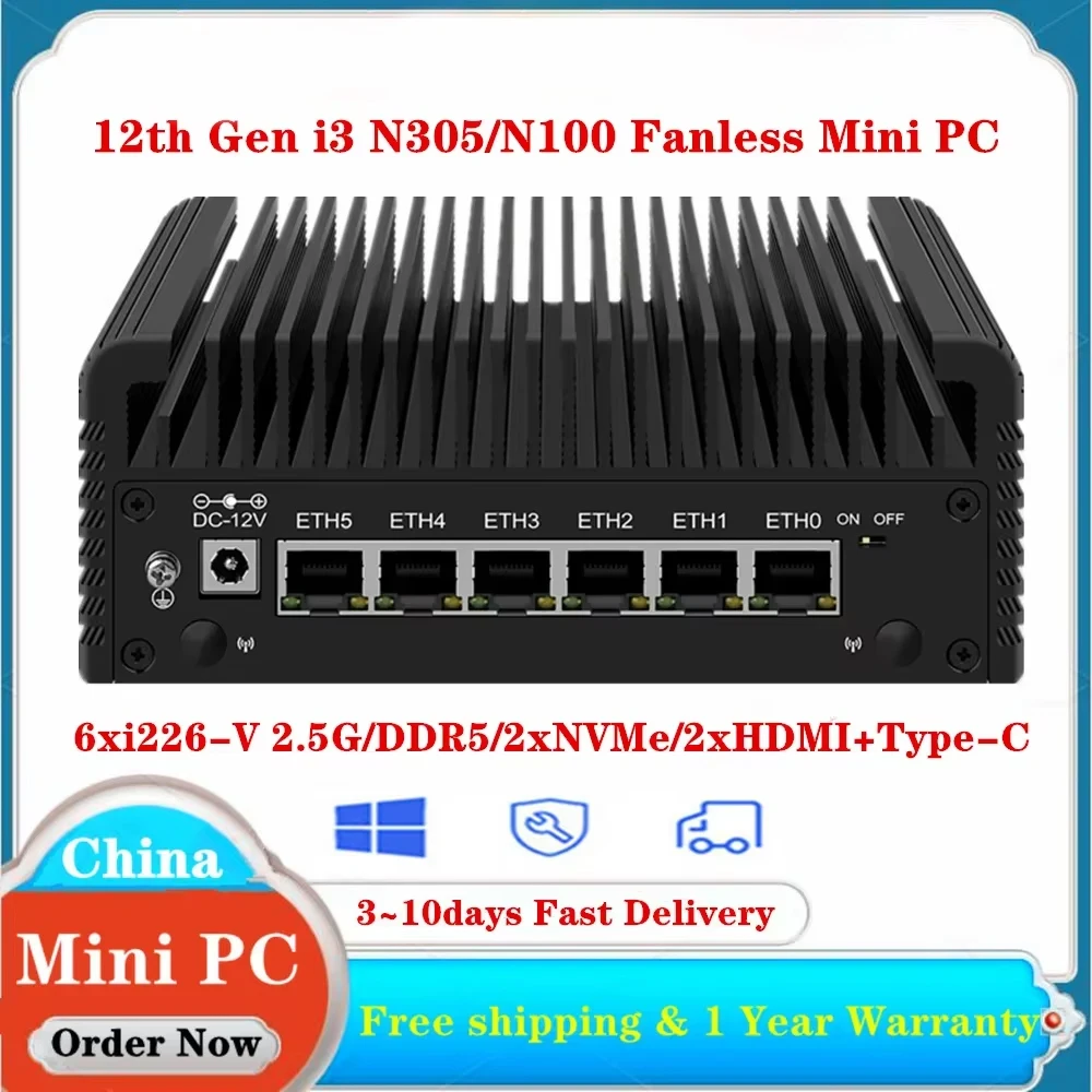 6x i226-V 6 LAN 2.5G Firewall Router 12th Gen Intel i3 N305 N100 Fanless Mini PC DDR5 2xHDMI2.1 USB3.2 Type-C pfSense Proxmox