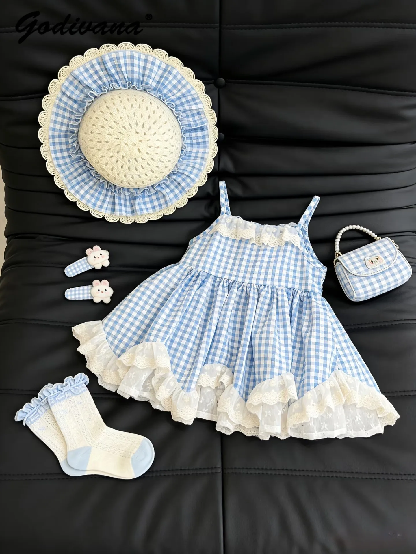 

Sweet Baby Girl 2026 Summer New Cute Casual Slip Dress Childrens Fashion Blue Plaid Lace Trim Suspender Beach Dress and Hat Set