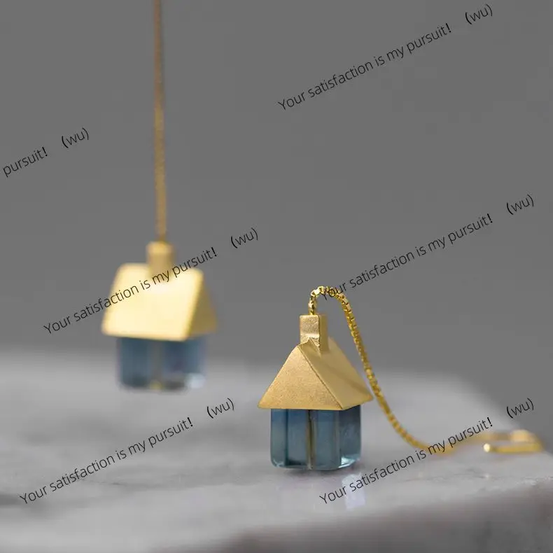 Personalized retro small house earrings, natural green fluorite cute female ins