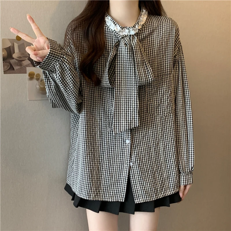 Elegant Bow Chiffon Shirt Women Chiffon Korean Vintage Lantern Sleeve Blouse Spring Fall Office Lady Korean Loose Thin Tops