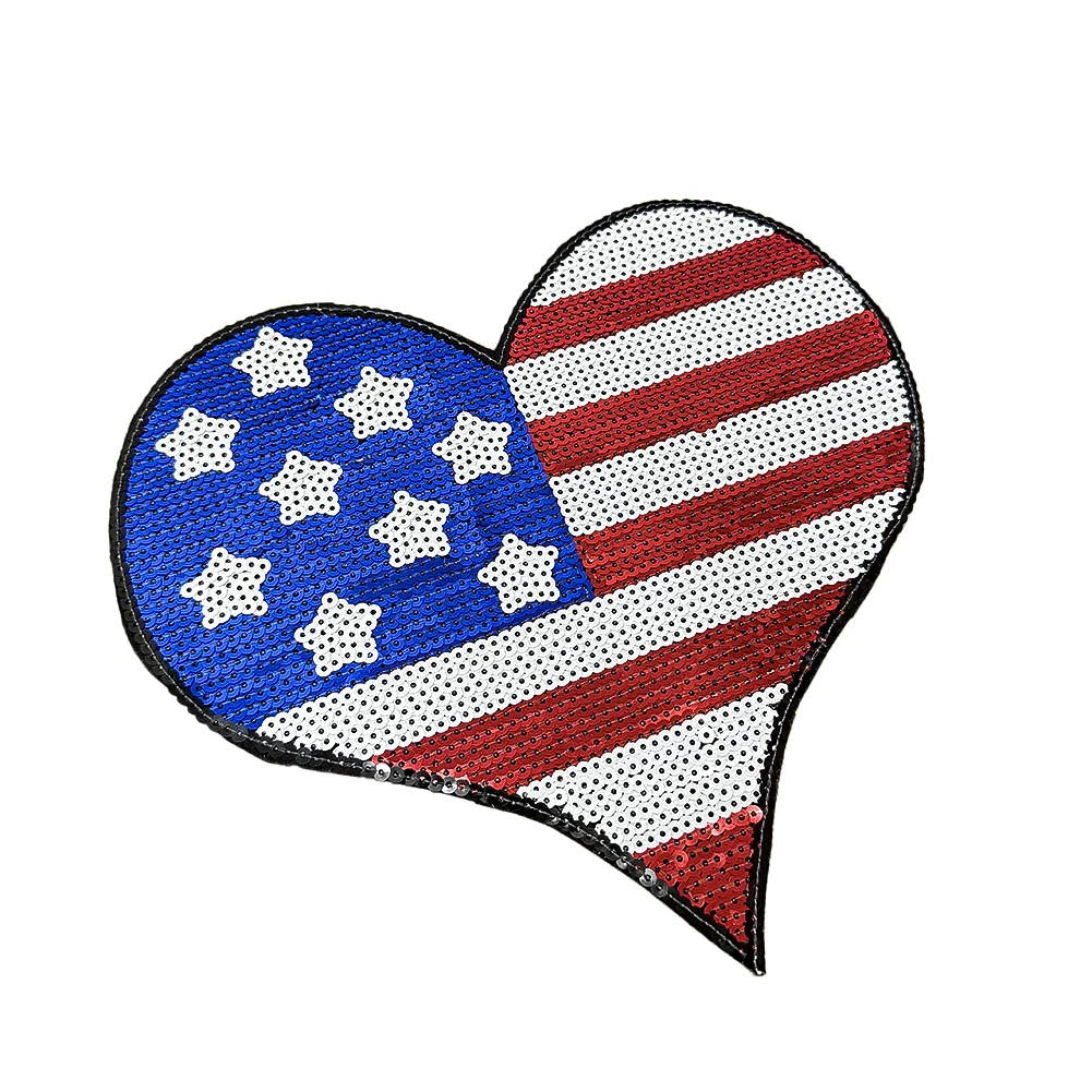 Herzförmiger USA-Flaggen-Pailletten-Aufnäher zum Aufbügeln, Glitzer-Sterne-Streifen-Applikation, Unabhängigkeitstag, T-Shirt, Jeans, Tasche, dekorativer Aufnäher – Detail 2
