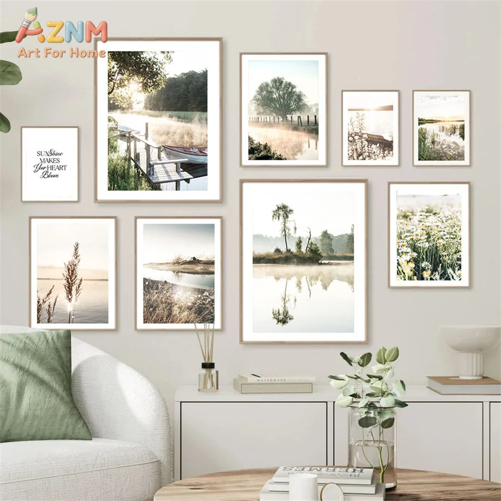 AZNM Neutral Nature Canvas Wall Art, Misty Lake and Wildflower Print, Serene Sunrise Scenery Poster for Boho Living Room Decor