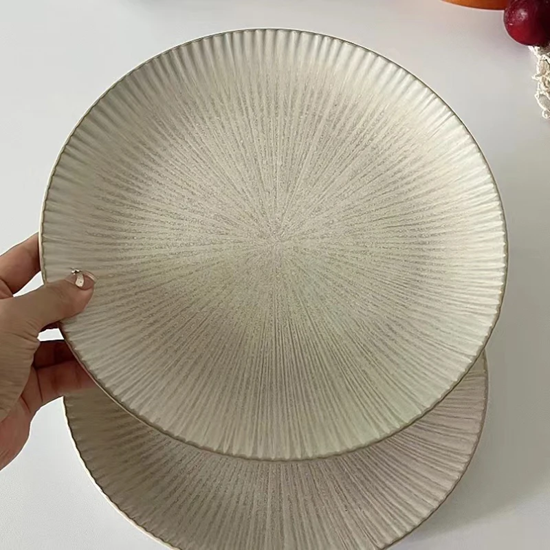 أطباق سيراميك إسكندنافية طبق تقديم منزلي بني عتيق عالي الجودة سعة كبيرة طبق مستدير بسيط كعكة الحلوى أدوات المائدة