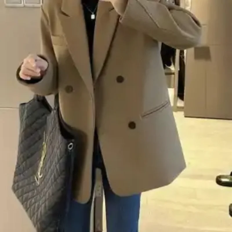 Outono e inverno feminino novo terno emendado colarinho botão bolso cor sólida solto versátil casual blazers de manga comprida