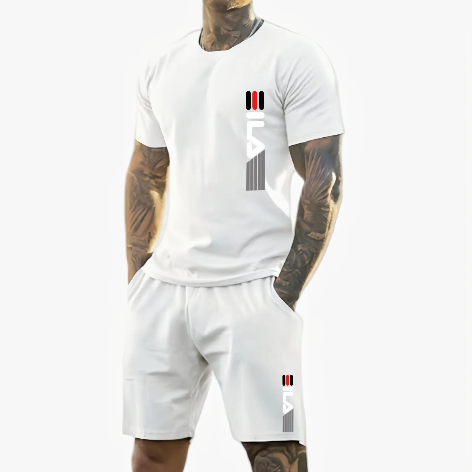 Męski letni zestaw sportowy na rok 2025, modny, oddychający, na zewnątrz, męski T-shirt z krótkim rękawem + szorty treningowe, dwuczęściowy komplet.