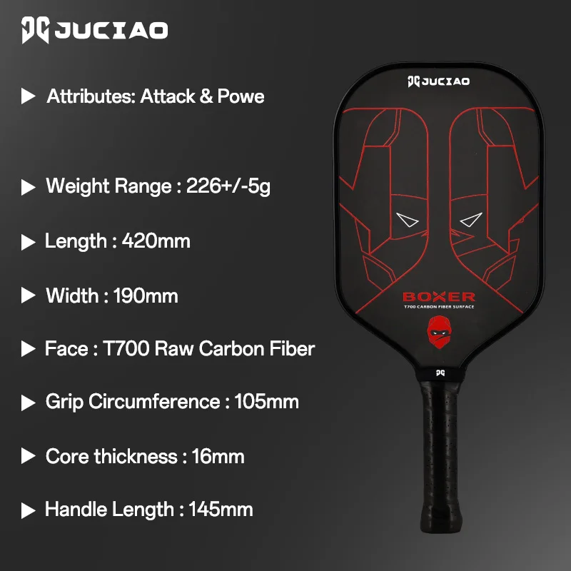 JUCiAO BOXER 3S Termoformowana rakietka do pickleballa z surowego włókna węglowego T700 do mocy i obrotu (16MM)