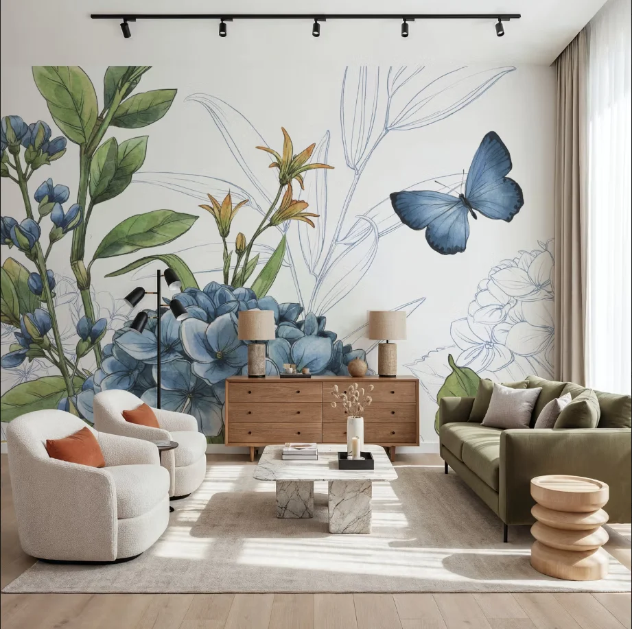 Customized wallpaper hand-painted blue flowers, leaves, flying birds, butterflies, dragonflies, wallpaper decoration painting