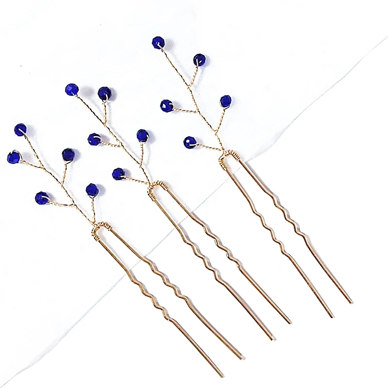 3 قطعة دبابيس الشعر اللؤلؤ حلية شعر U-شكل شوكة الزفاف إكسسوارات الشعر مقاطع الشعر دبوس الشعر اللون الأزرق مطرز الشعر عصا