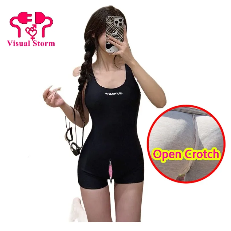 Women's Open Crotch Backless Swim One Piece Outdoor Exposure Play Easy Bikinis Hot Spring Beach Suits Crotchless Bath Sportswear