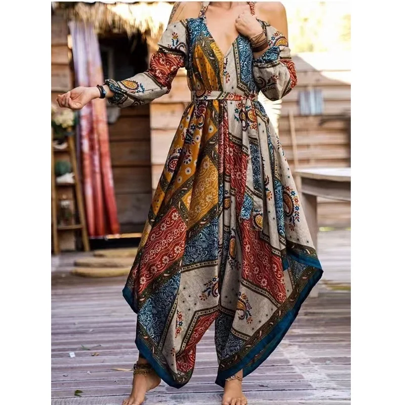 2024Summer Amazon Cross-Border Retro Bohemian Women's Printed SuspendersVCollar Lace-up One-Piece Culotte