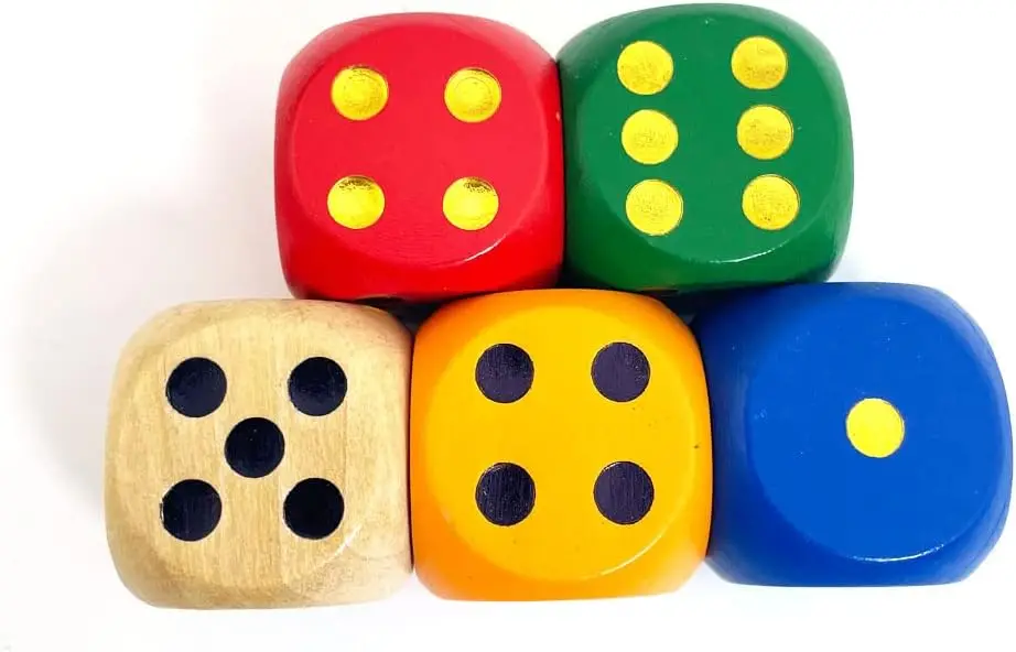 

Set of 5 Large Wooden Dice, Round Edge, Random Colors with Dots for Games