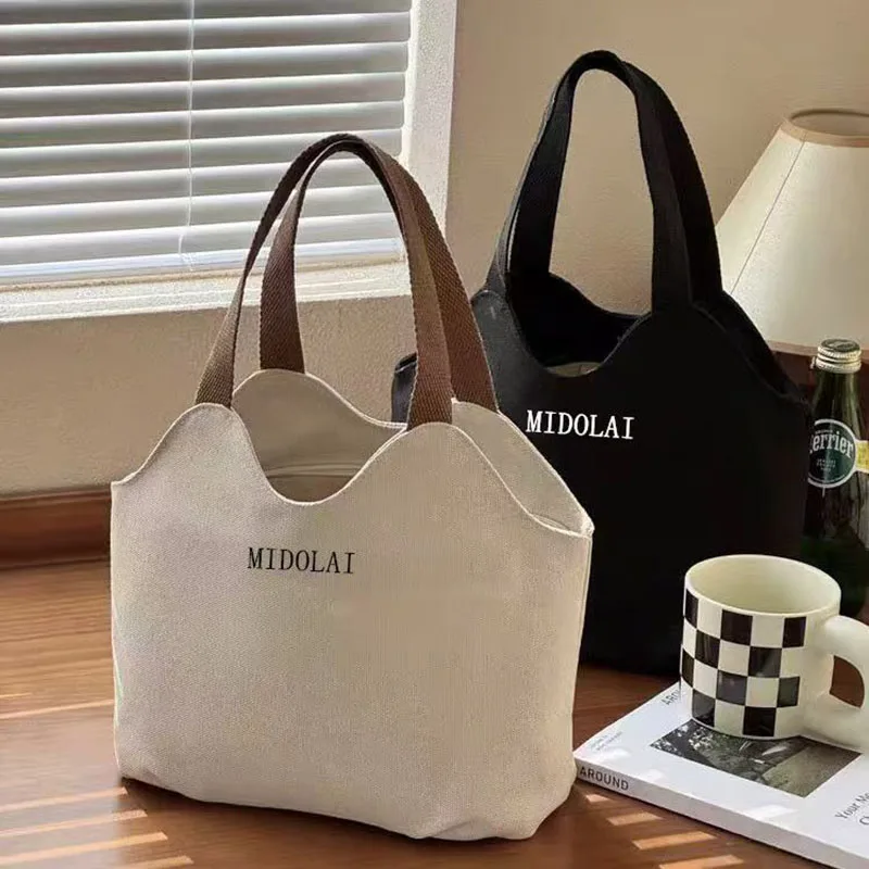 Midolai Printed Canvas Tote Bag Women Wave Edge Handbag Casual Shopping Lunch Bag Portable Large Capacity Shoulder Bag