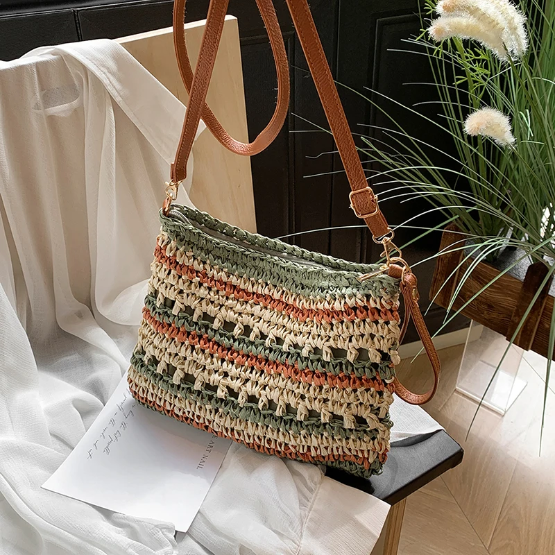 

Летние пляжные соломенные клатчи, модная сумка через плечо с цветными блоками для женщин, тканые вязаные женские повседневные дорожные сумки ручной работы
