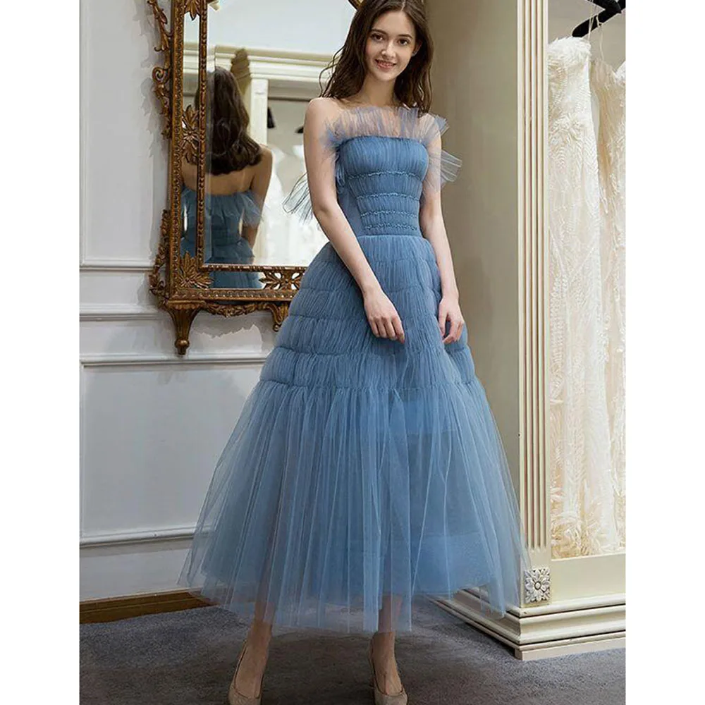 Pretty Blue Evening Dresses Strapless Sleeveless A Line Tea Length High Quality Banquet Celebrity Special Female Gowns Elegant