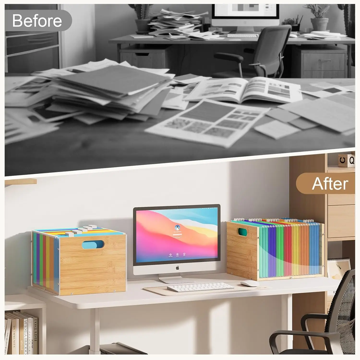 Clear Acrylic and Bamboo Hanging File Organizer, Portable Storage Box for Letter Size Documents