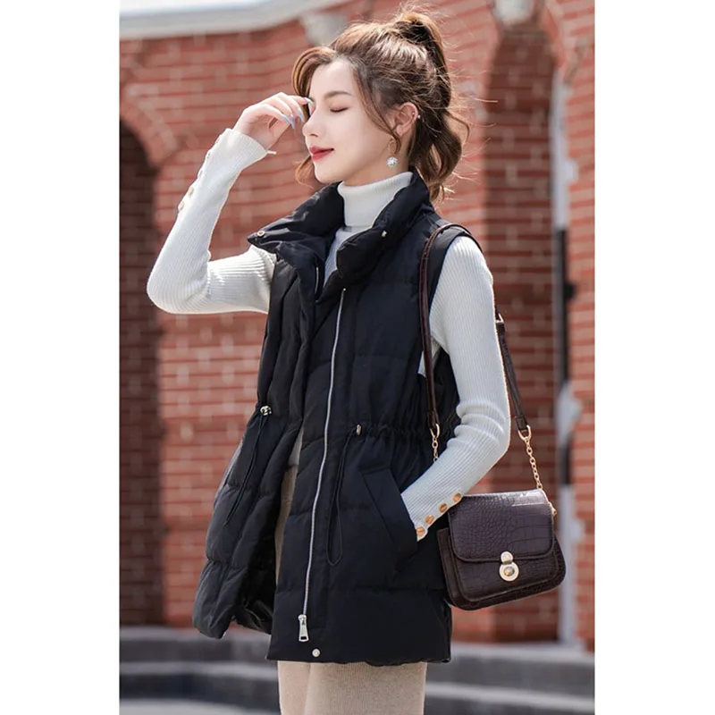 2025 New Parkas Women Vest Coats Thick Warm Sleeveless Turn Down Collar Drawstring Tight Waist Coat Single Breasted Autumn Winte