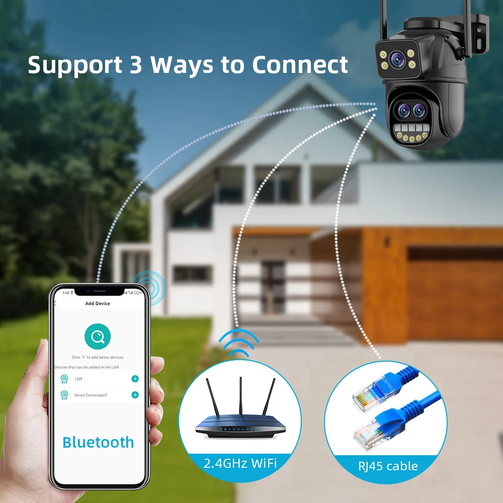 كاميرا Hongnaer 12MP 6K ICSee بثلاث عدسات 8X Zoom مراقب لاسلكي ذكي PTZ خارجي IP لأمن الشبكة المنزلية CCTV WiFi