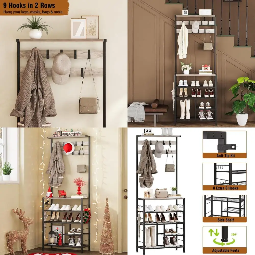 

5-Tier Vintage-Style Entryway Coat Rack with Shoe Storage and Table for Home or Office (Greige)