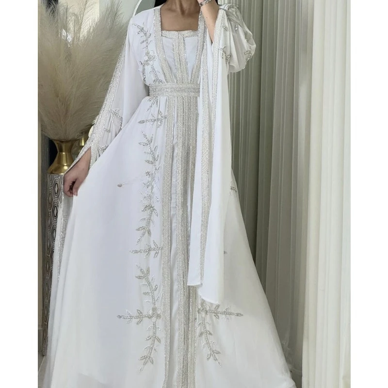 White Jacket Moroccan Kaftan Silver Beaded Work Bridesmaid Dress