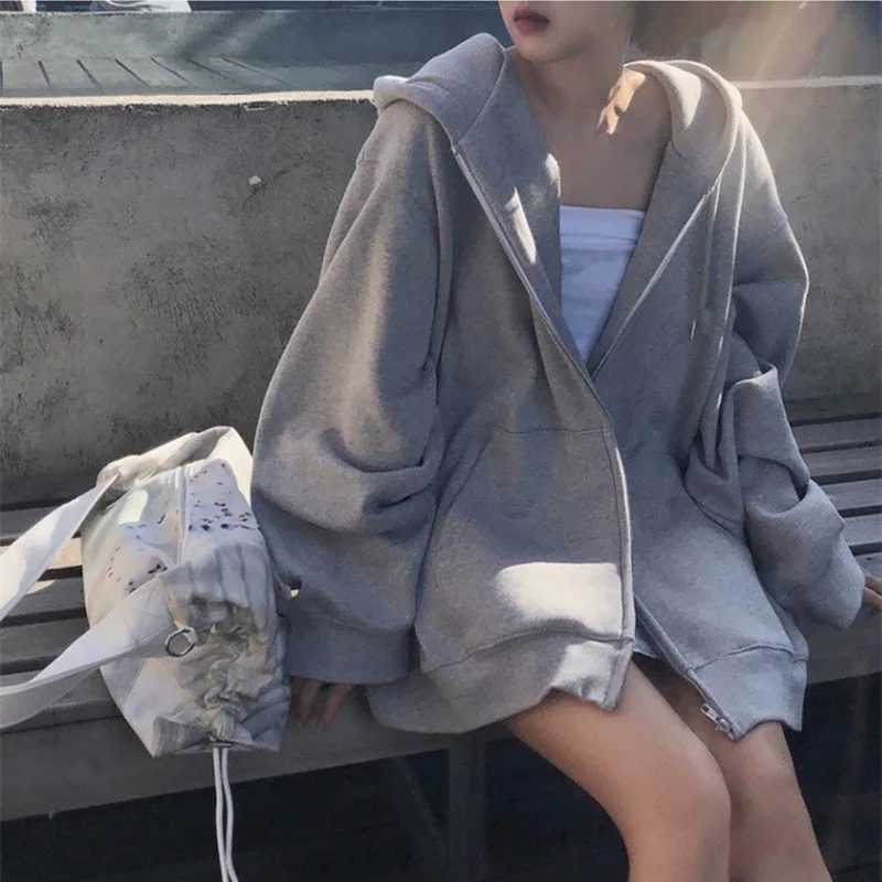 

Gray Thin Zipper Sweater Women's Spring and Autumn Korean Style Casual plus Size Loose Sports Hooded Top
