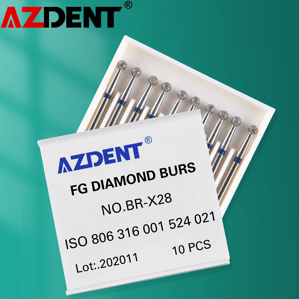 10pcs/Pack AZDENT Dental Diamond Burs Drill Ball Round Type Burs 25mm FG 1.6mm for High Speed Handpiece 450000r/Min