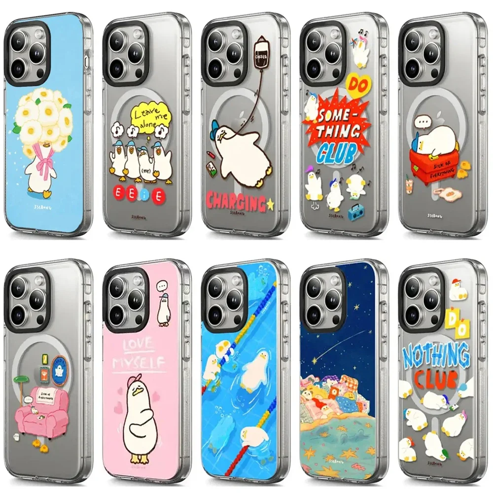 Cute Cartoon Duck Swimming Transparent Border Magnetic iPhone 13 15 14 16 Pro Max Protective Case, Fits iPhone 16 Pro Max