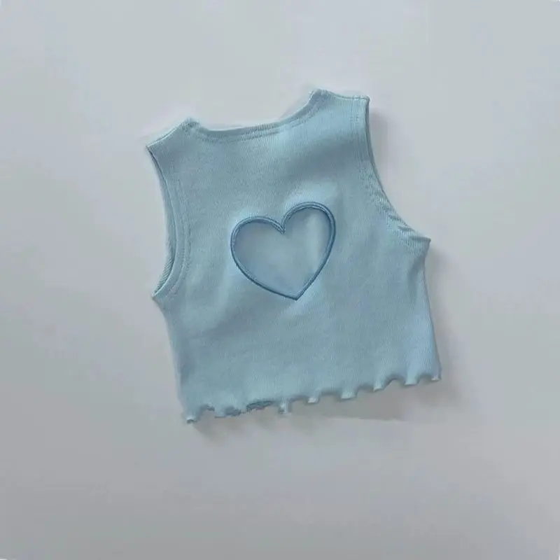 Korea Summer Kids Clothes  Baby Girls Vest Cute Hollow Heart Pink Blue Vest Toddler Fashion Cropped Top Y2k Tee Tops 80-130cm