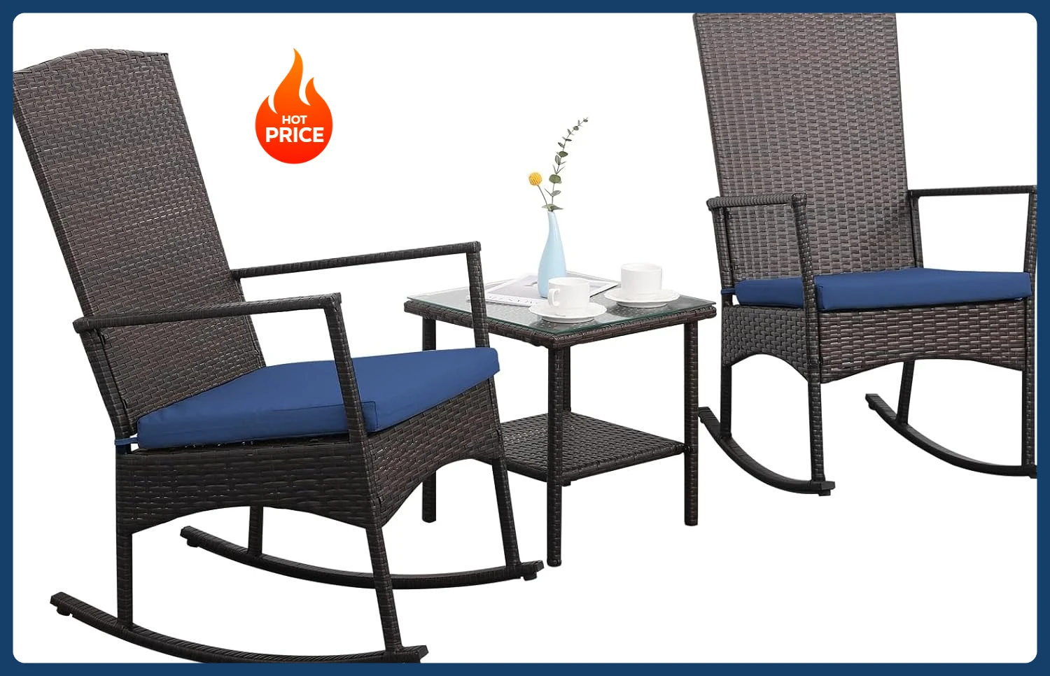 [Livraison gratuite! ] Chaise à bascule d'extérieur 3 pièces chaises de porche PE osier Patio Bistro ensemble ensembles de meubles en rotin marron avec café Ta