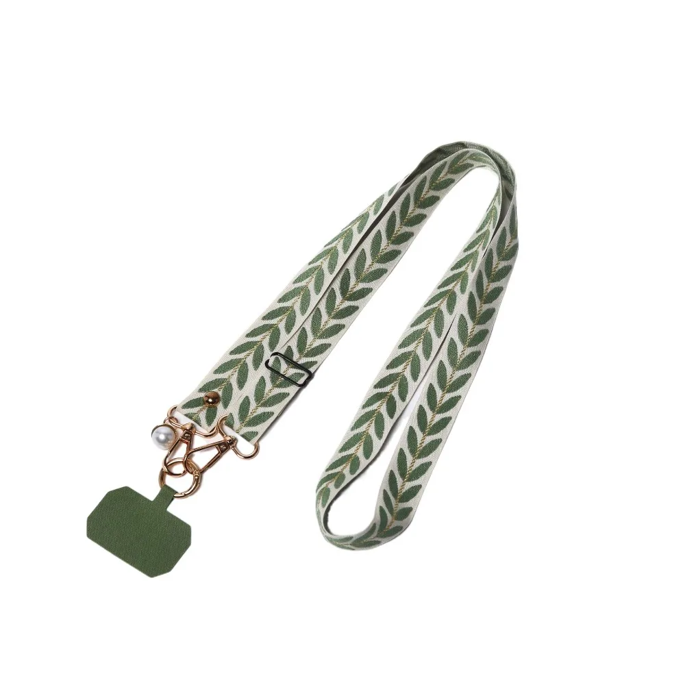 

Регулируемый ремешок для телефона через плечо с широким тканевым ремешком, жемчужным кулоном и длинным шнурком для телефона с подвеской в виде листа, защита от потери