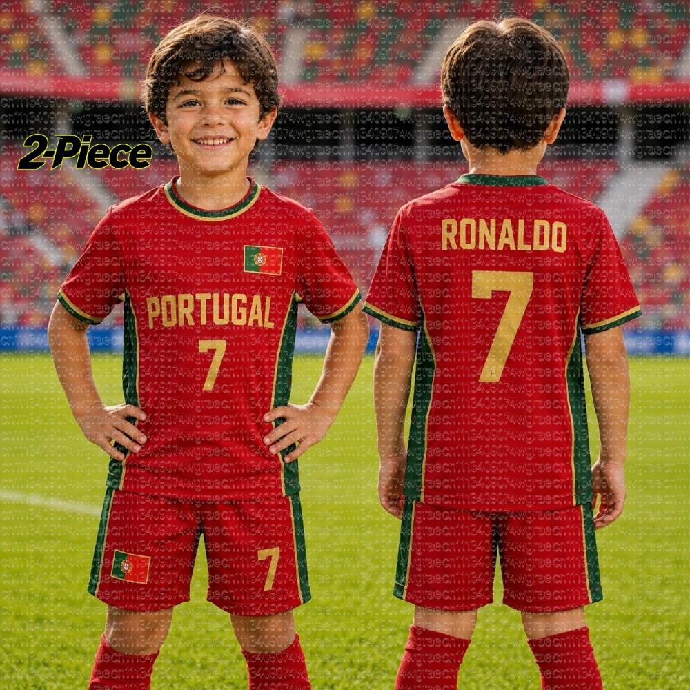 2026 Jungen Ronaldo # 7 Fußballtrikot-Set mit Shorts für Damen, Herren und Kinder, PORTUGAL Fußballfan-Shirt-Shorts-Set, 2-teiliger Trainingsanzug – Detail 5
