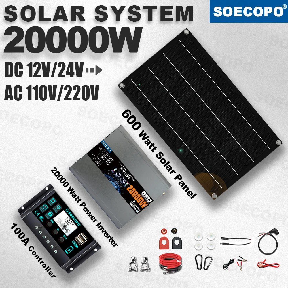 

SOECOPO 20000W Peak Solar System Kit 600W Panel 100A Controller 12V24V To 110V 220V Inverter Generator for Camp Charger Off Grid