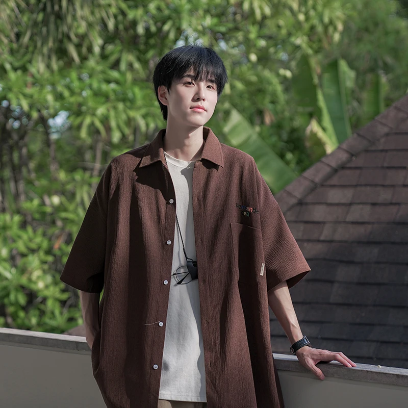 

Loose Men's ort Sve irt y Sle Summer Faion Brand Salt System Streetwear irt Youth Stand Fit Button up