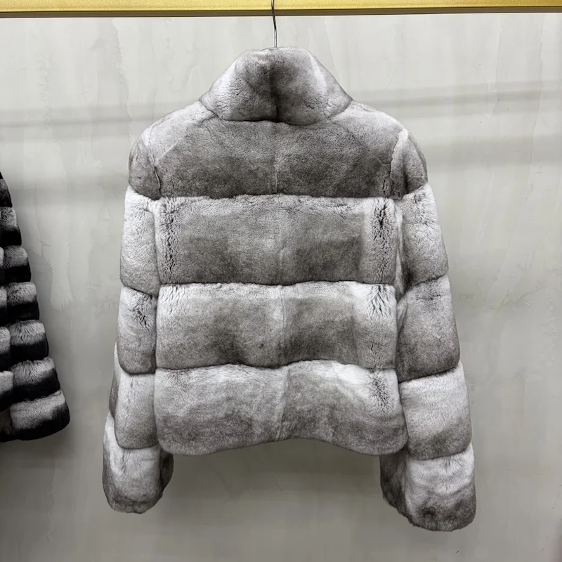 Women Real Rex Rabbit Fur Coat Stand Collar Short Jacket Chinchilla‑Look Pattern Horizontal Stripe Winter Warm Female Coat