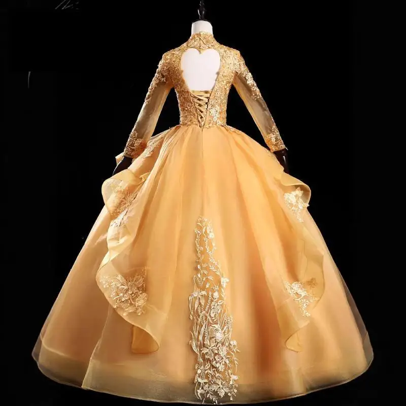 V-neck Retro New Wedding Dress Mesh Splicing Long Sleeve Colorful Embroidery Birthday Ball Puff Skirt Dress Customized