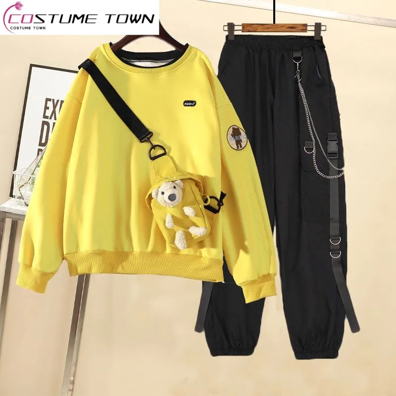 Fashion Set Women's Spring and Autumn 2023 Korean Version Loose and Cute Little Bear Top Casual Workwear Pants Two Piece Set