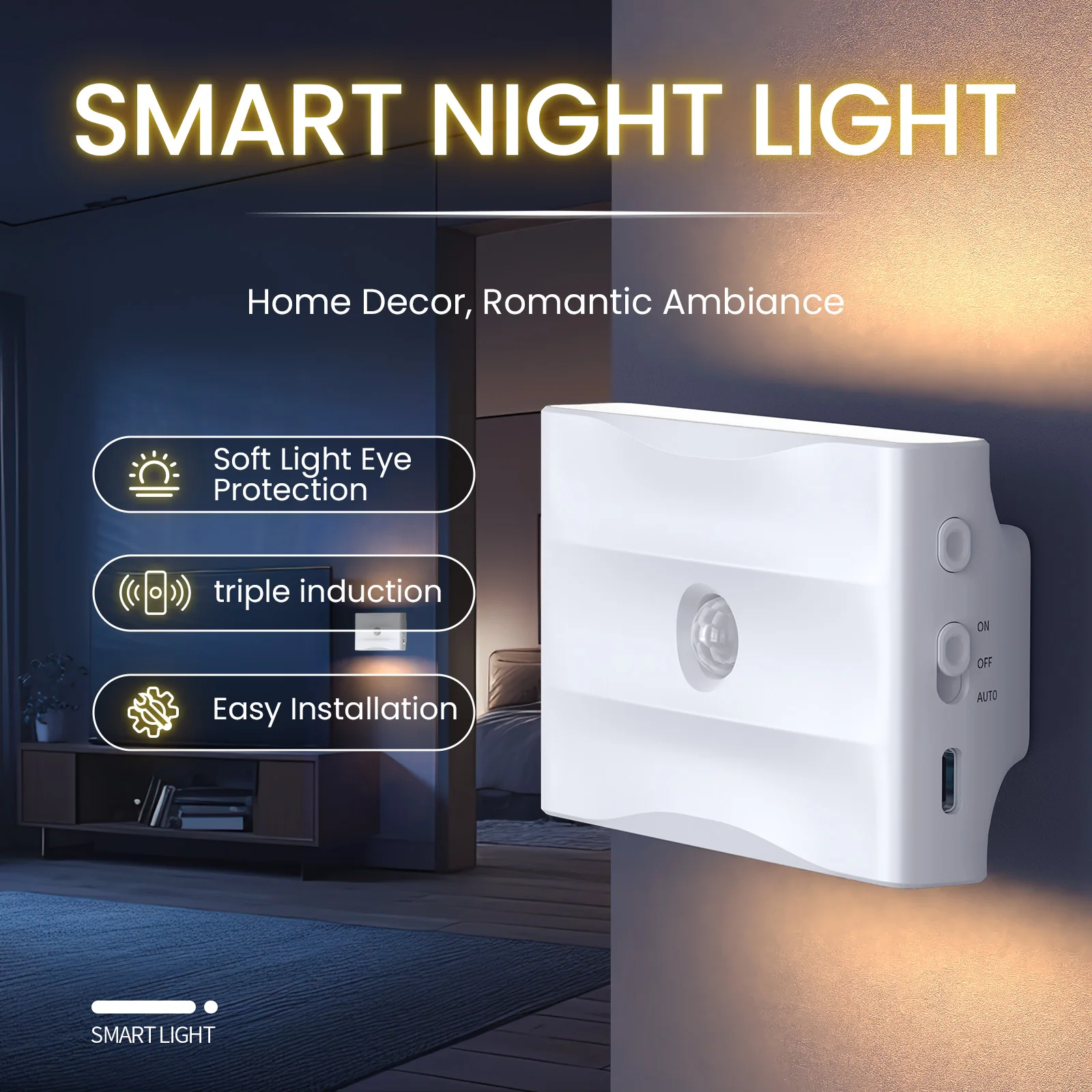 2-Pack Motion Sensor Night Light with 3 Lighting Modes, 1500mAh Battery, Auto On/Off, Rechargeable Warm White Closet Lamp for Be