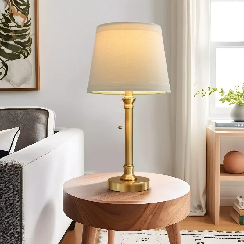 Vintage Gold Brass Nightstand Lamp - 19.5" Candlestick Desk Light with White Fabric Shade for Bedroom, Hotel, Living Room